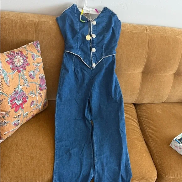 Denim Jumpsuit with Rhinestone Trim - Picture 4 of 9